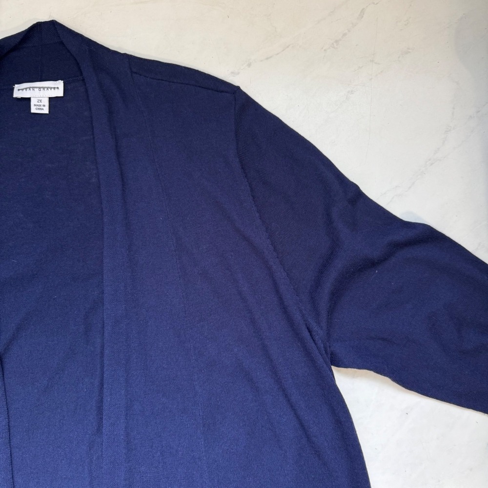 Susan Graver Size 2X Navy Blue Open Front Knit Cardigan Artsy - Picture 5 of 7